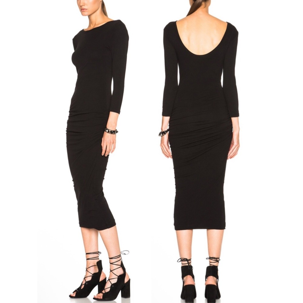 NEW NWT James Perse Low Back Skinny Dress 3 / L Midi Long Black Ruched WJE6936